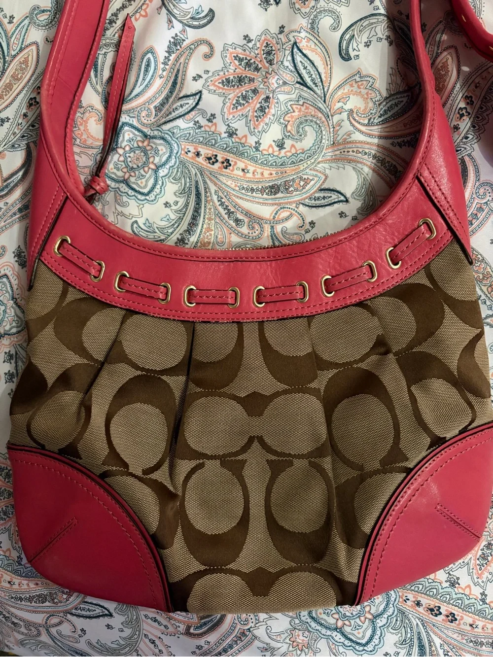 Coach Brown Signature Canvas Hobo with Pink Leather Trim